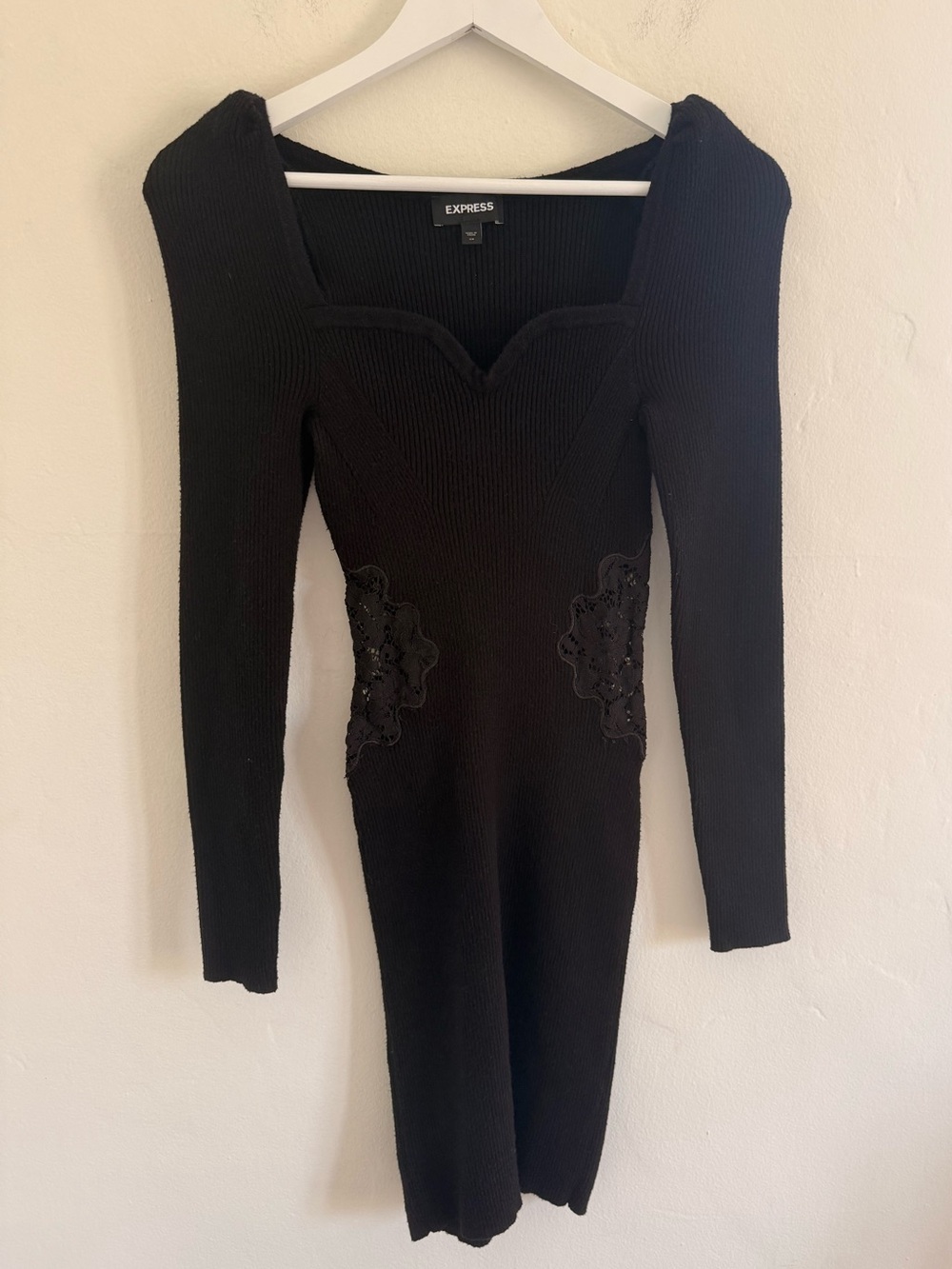 Express Black Long-Sleeve Knit Dress with Waist Appliqué
